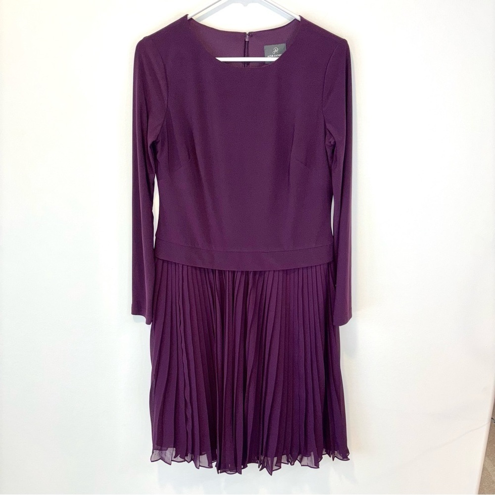 Adrianna Papell Midi Long Sleeve Formal Dress Pleated Sheath Event Plum Purple
